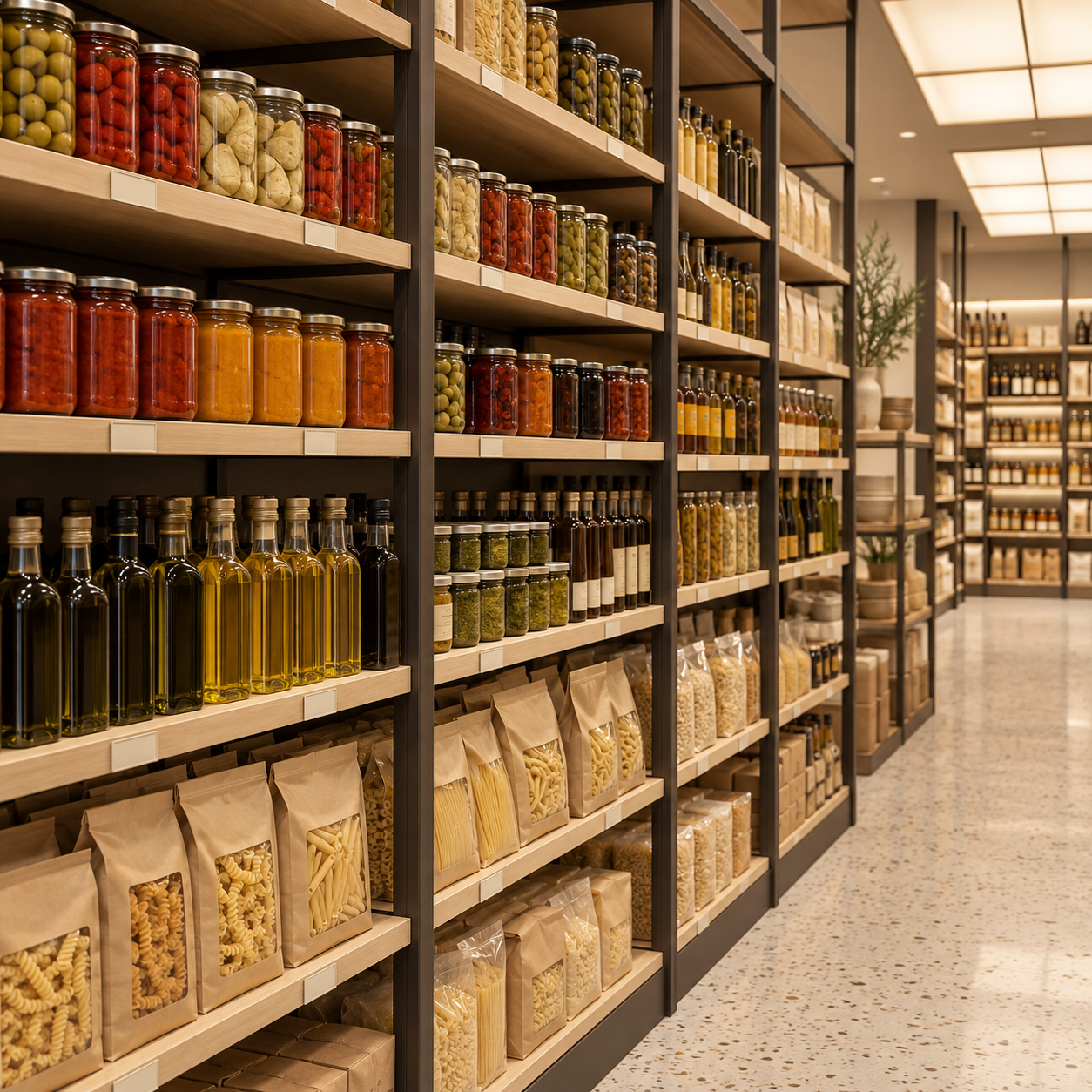 Anaquel de supermercado con productos ordenados, escena creada con IA
