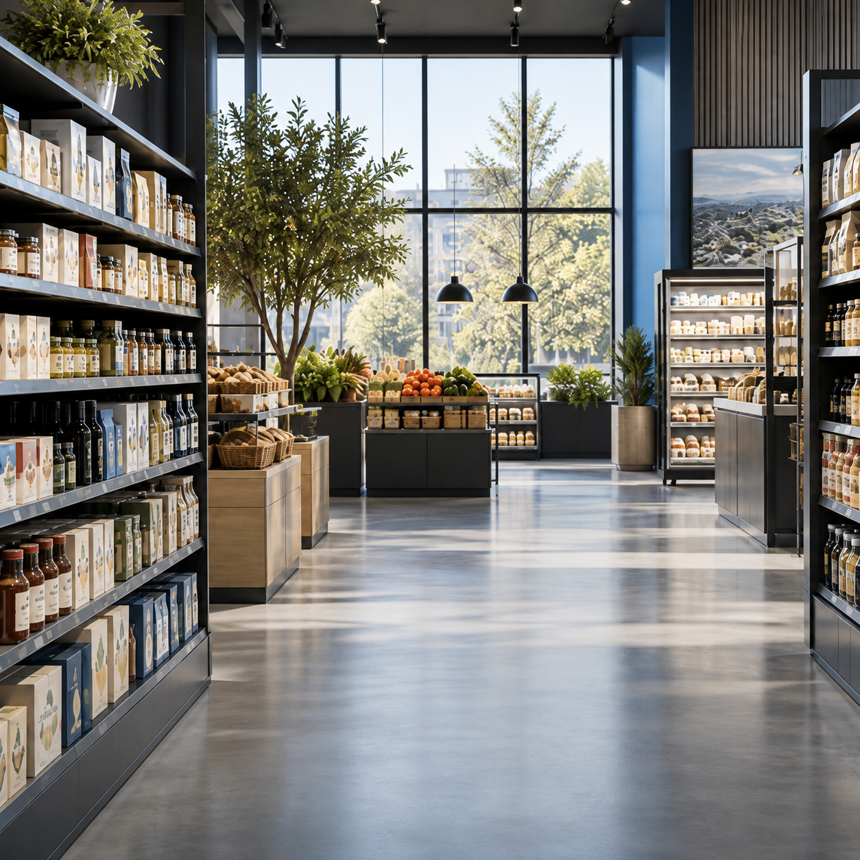 Interior gourmet con anaqueles ordenados y productos sin marca, imagen creada con IA