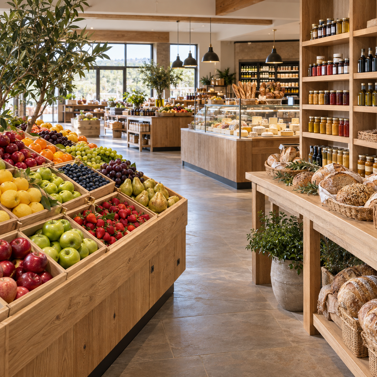 Exposición gourmet con distintas categorías de productos, imagen creada con IA