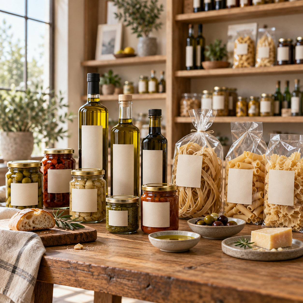 Selección de productos gourmet sin marca sobre una mesa, imagen creada con IA